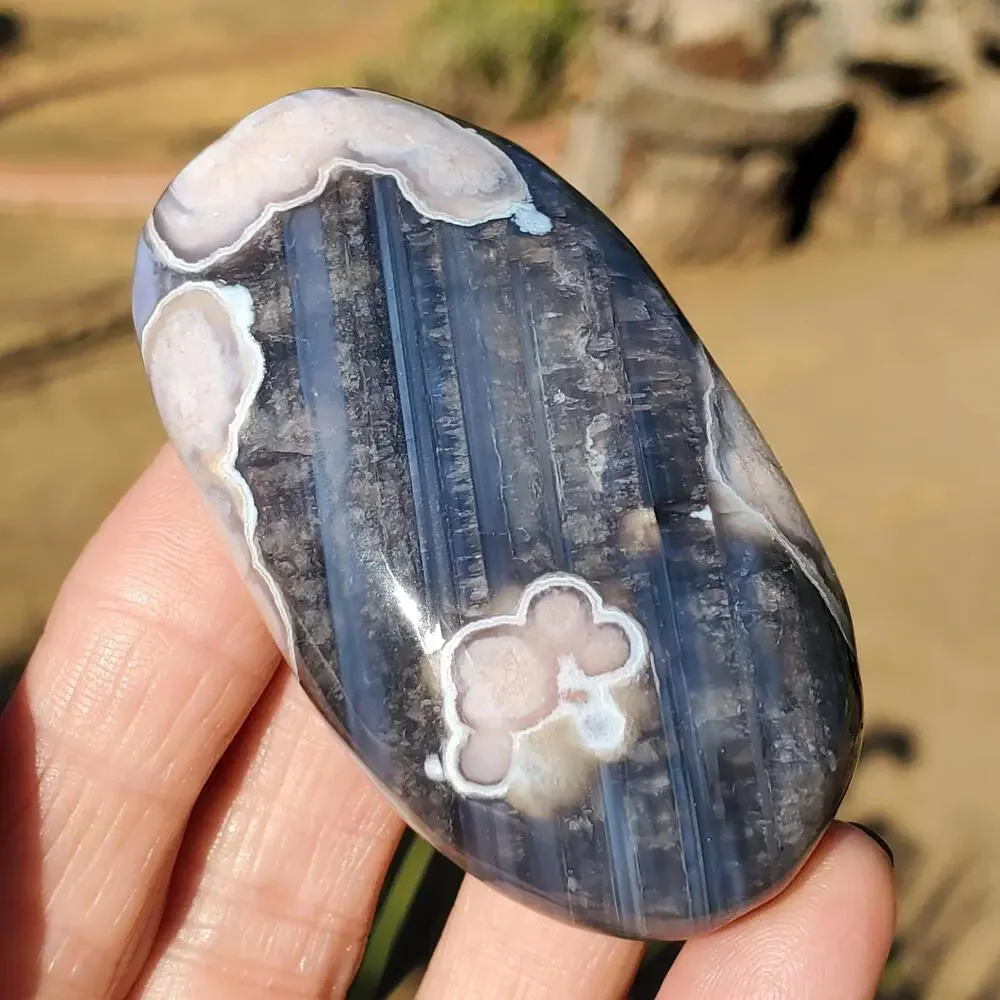 Blue Flower Blossom Agate Translucent Palmstone Crystal 68 grams